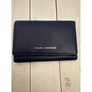Adolfo Dominguez Blue Leather Trifold Wallet Coin Money Pockets 4.5”x6.5” VGUC*